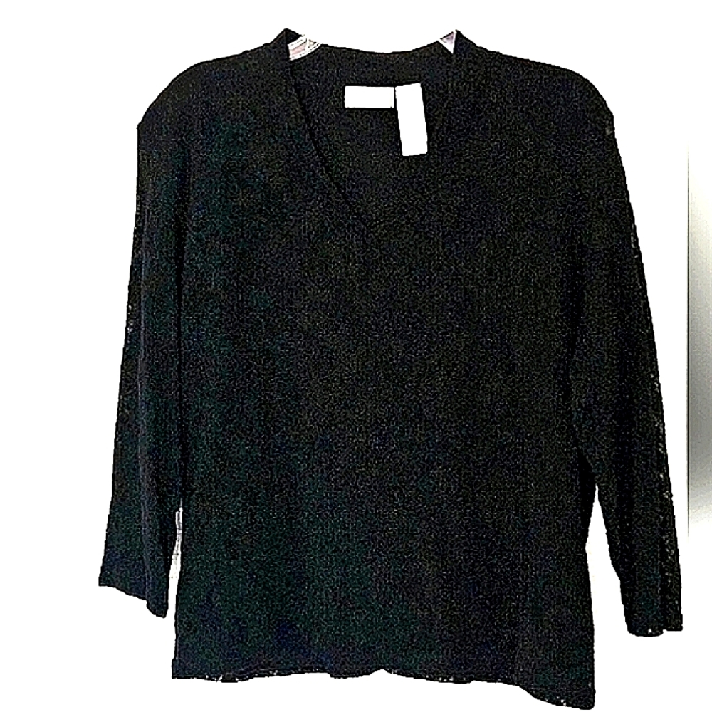 "LIZ CLAIRBORNE" Black Lace Top With See Through Lace Sleeves